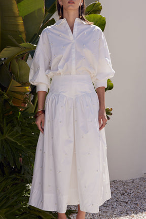 Pearl Embellished Poplin Midi Skirt
