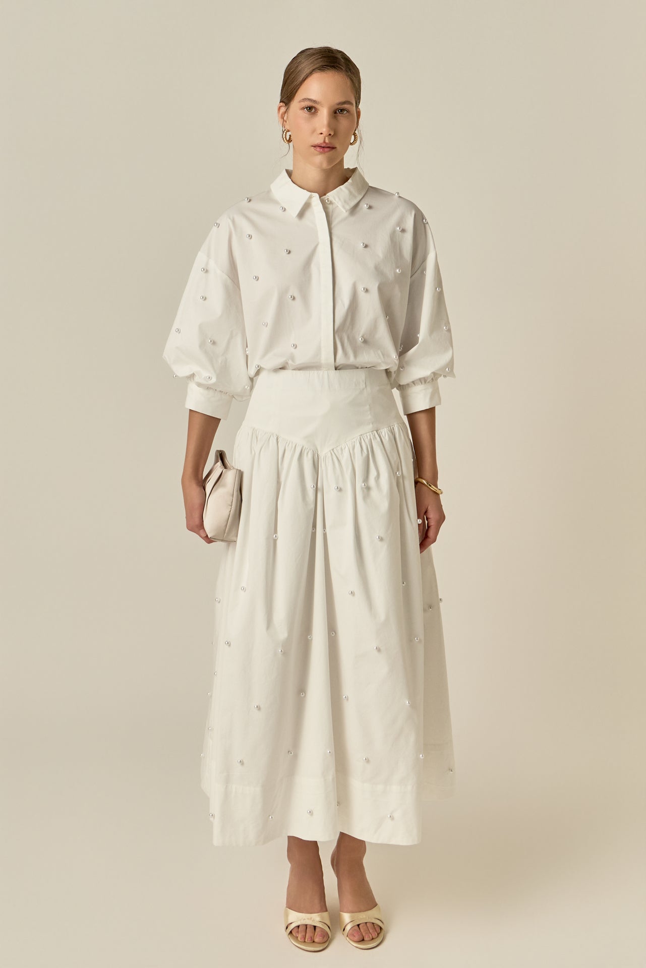 Pearl Embellished Poplin Midi Skirt