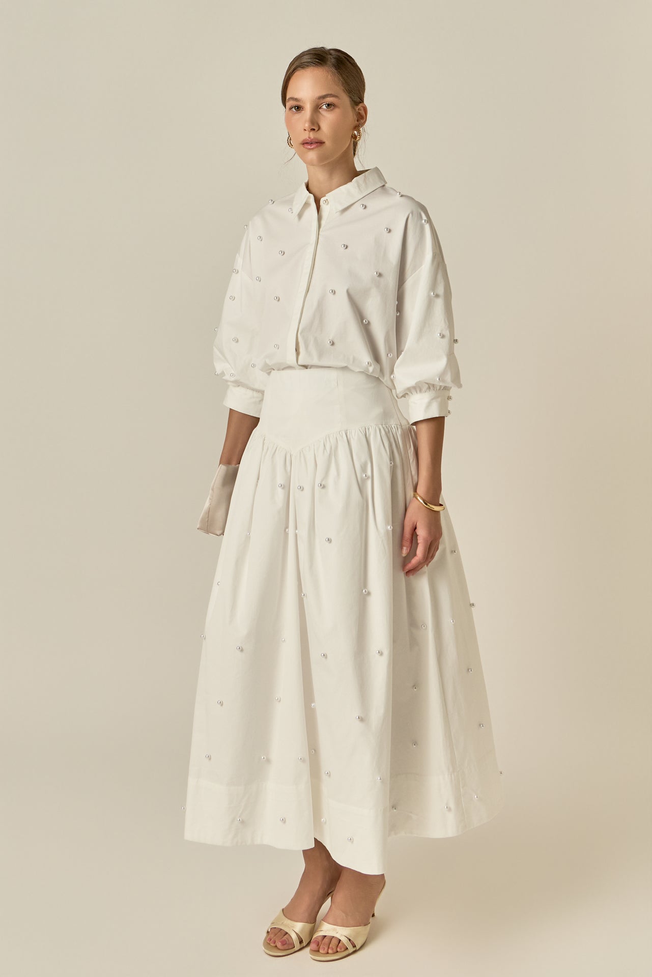 Pearl Embellished Poplin Midi Skirt
