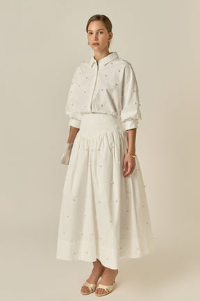 Pearl Embellished Poplin Midi Skirt