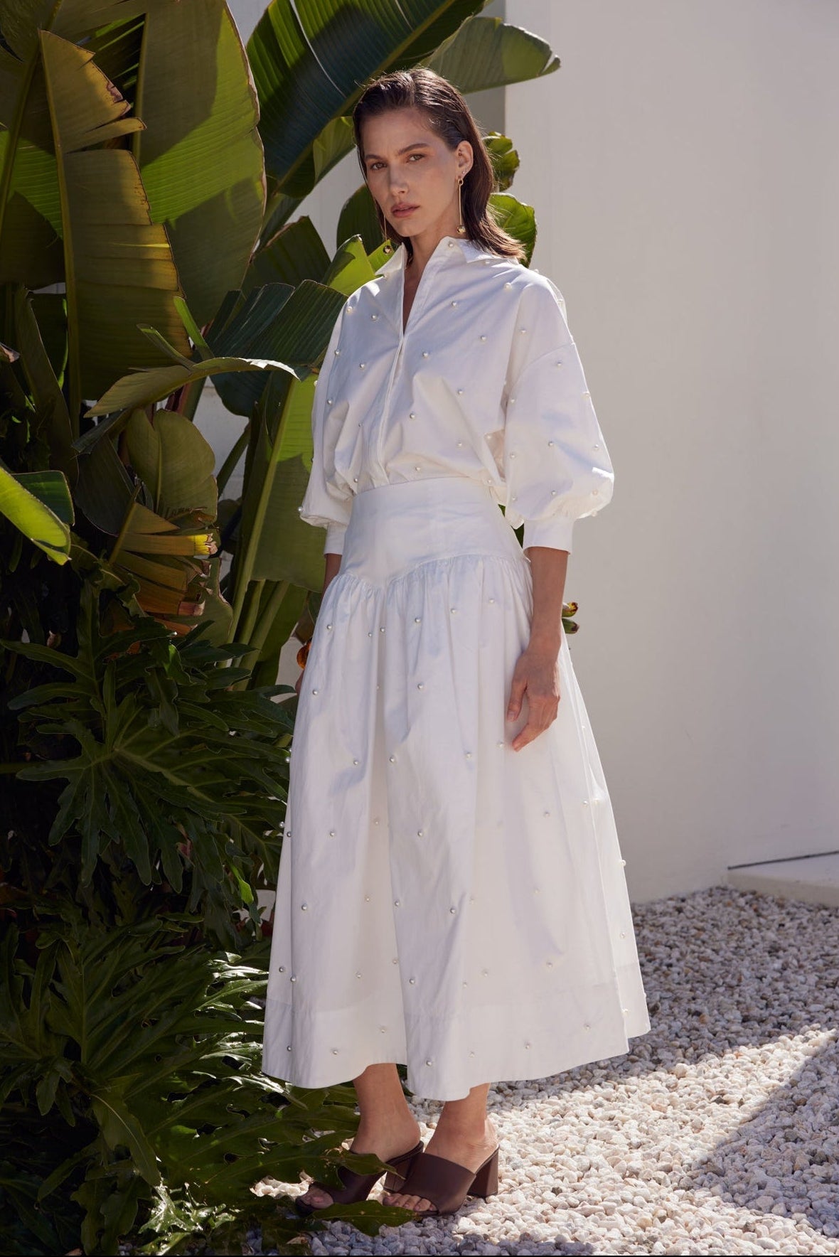 Pearl Embellished Poplin Midi Skirt
