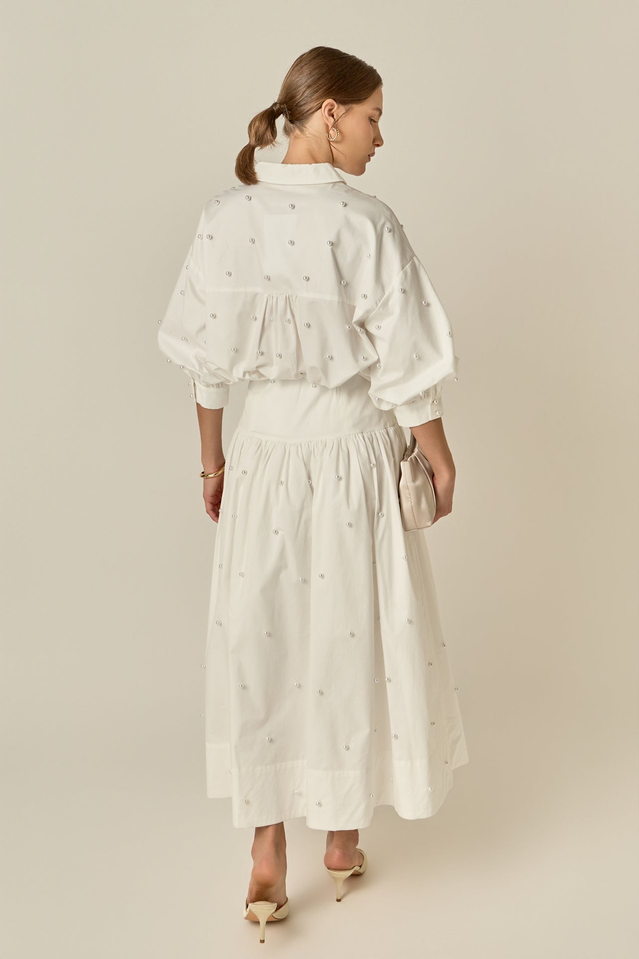 Pearl Embellished Poplin Midi Skirt