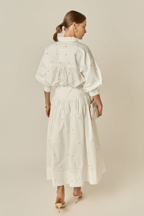 Pearl Embellished Poplin Midi Skirt