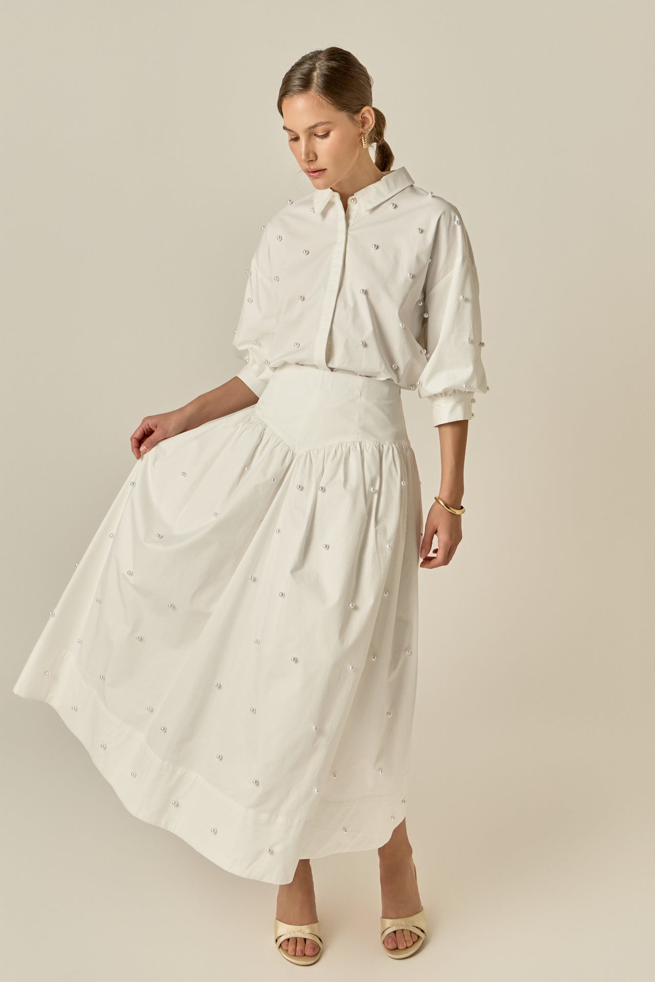 Pearl Embellished Poplin Midi Skirt
