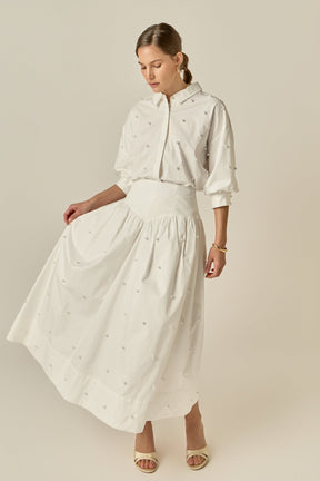 Pearl Embellished Poplin Midi Skirt