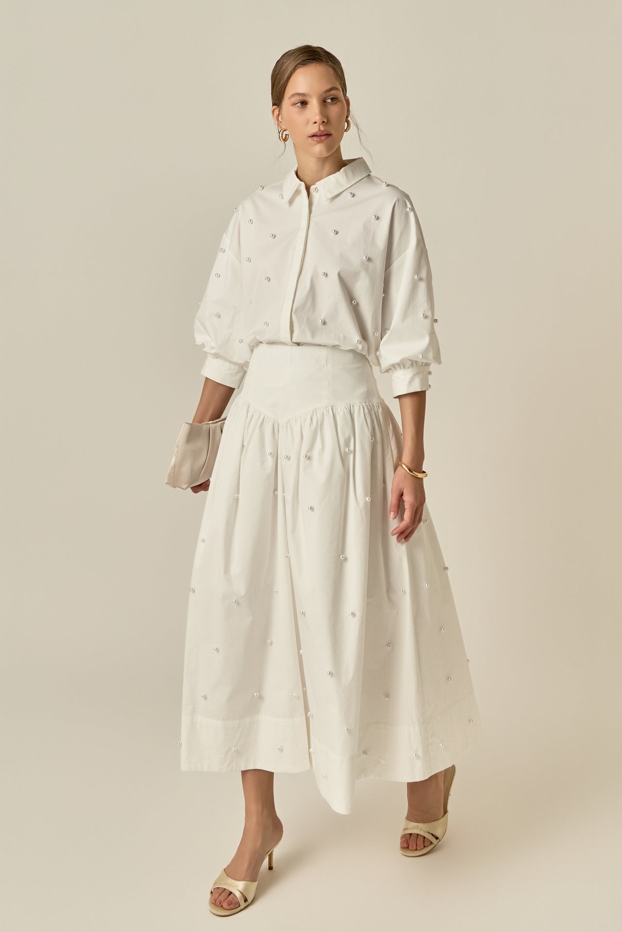 Pearl Embellished Poplin Midi Skirt
