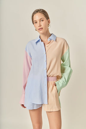 ENGLISH FACTORY - Colorblock Seersucker Button-Down Shirt - TOPS available at Objectrare