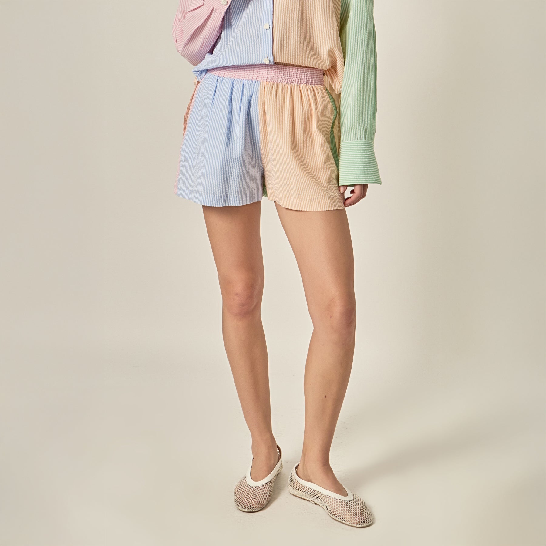 ENGLISH FACTORY - Colorblock Seersucker Shorts - SHORTS available at Objectrare