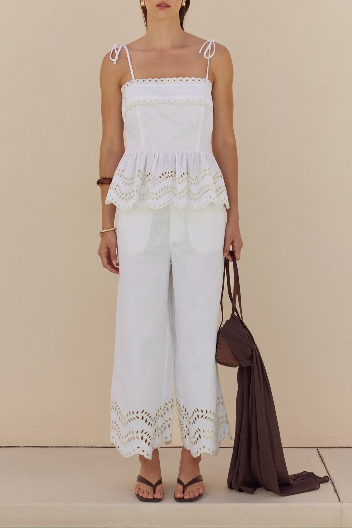 Eyelet Peplum Tie-Shoulder Top