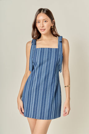 Denim Stripe Bow Shoulder Mini Dress