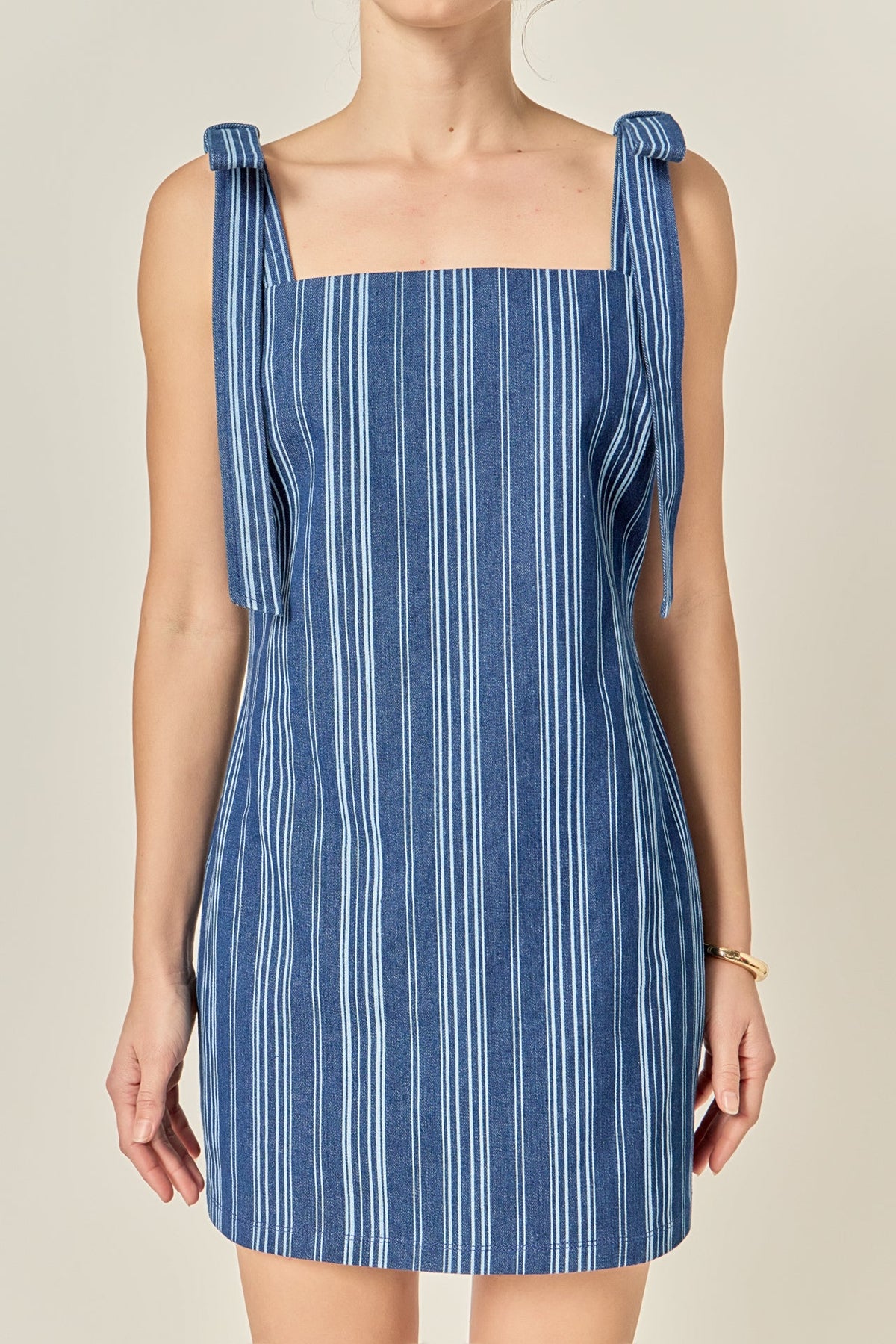 Denim Stripe Bow Shoulder Mini Dress