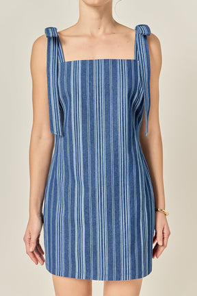 ENGLISH FACTORY - Denim Stripe Bow Shoulder Mini Dress - DRESSES available at Objectrare