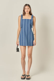 Denim Stripe Bow Shoulder Mini Dress