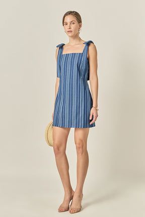 ENGLISH FACTORY - Denim Stripe Bow Shoulder Mini Dress - DRESSES available at Objectrare