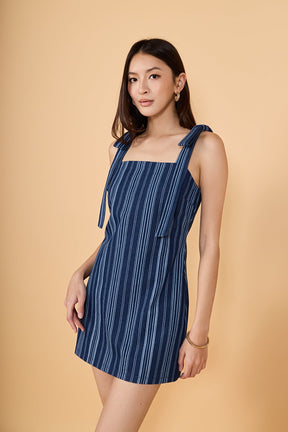 ENGLISH FACTORY - Denim Stripe Bow Shoulder Mini Dress - DRESSES available at Objectrare