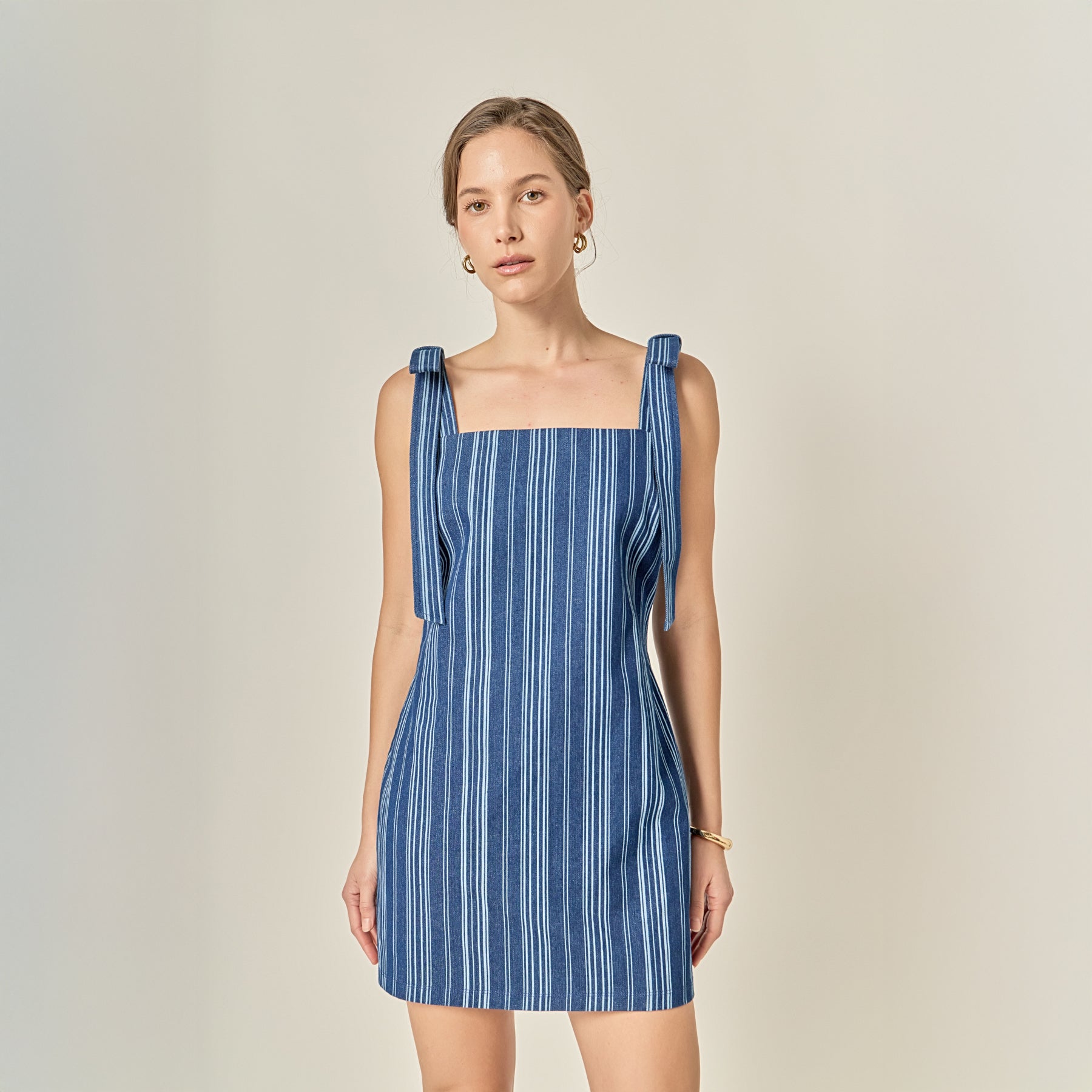 ENGLISH FACTORY - Denim Stripe Bow Shoulder Mini Dress - DRESSES available at Objectrare