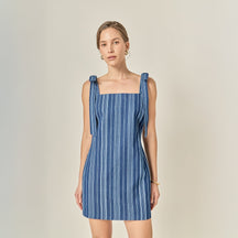 ENGLISH FACTORY - Denim Stripe Bow Shoulder Mini Dress - DRESSES available at Objectrare