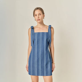 ENGLISH FACTORY - Denim Stripe Bow Shoulder Mini Dress - DRESSES available at Objectrare