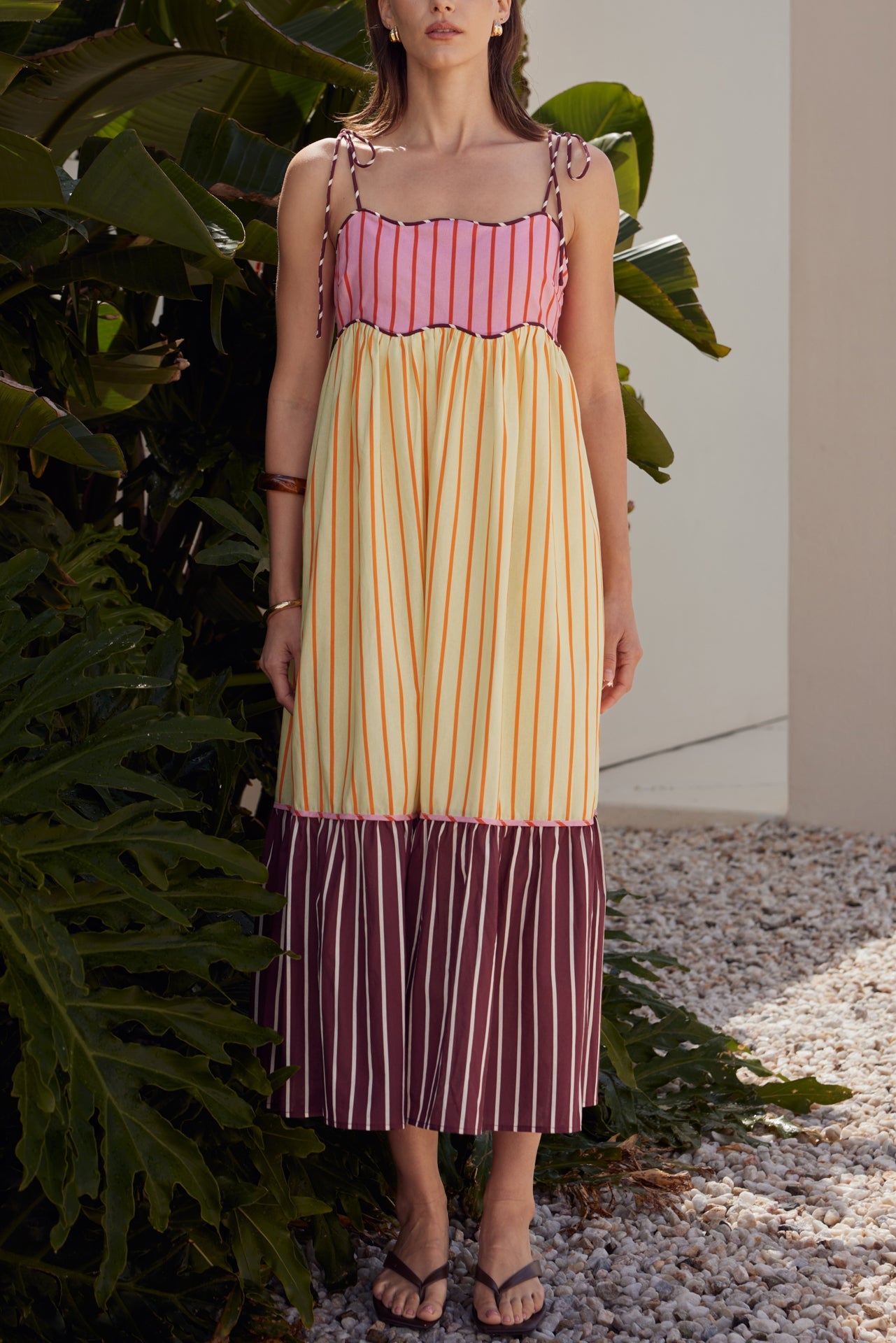 Colorblock Stripe Tie-Shoulder Midi Dress