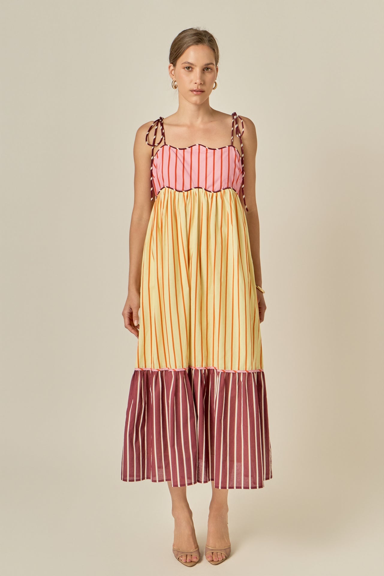 Colorblock Stripe Tie-Shoulder Midi Dress