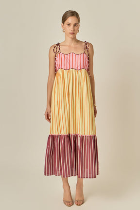 Colorblock Stripe Tie-Shoulder Midi Dress