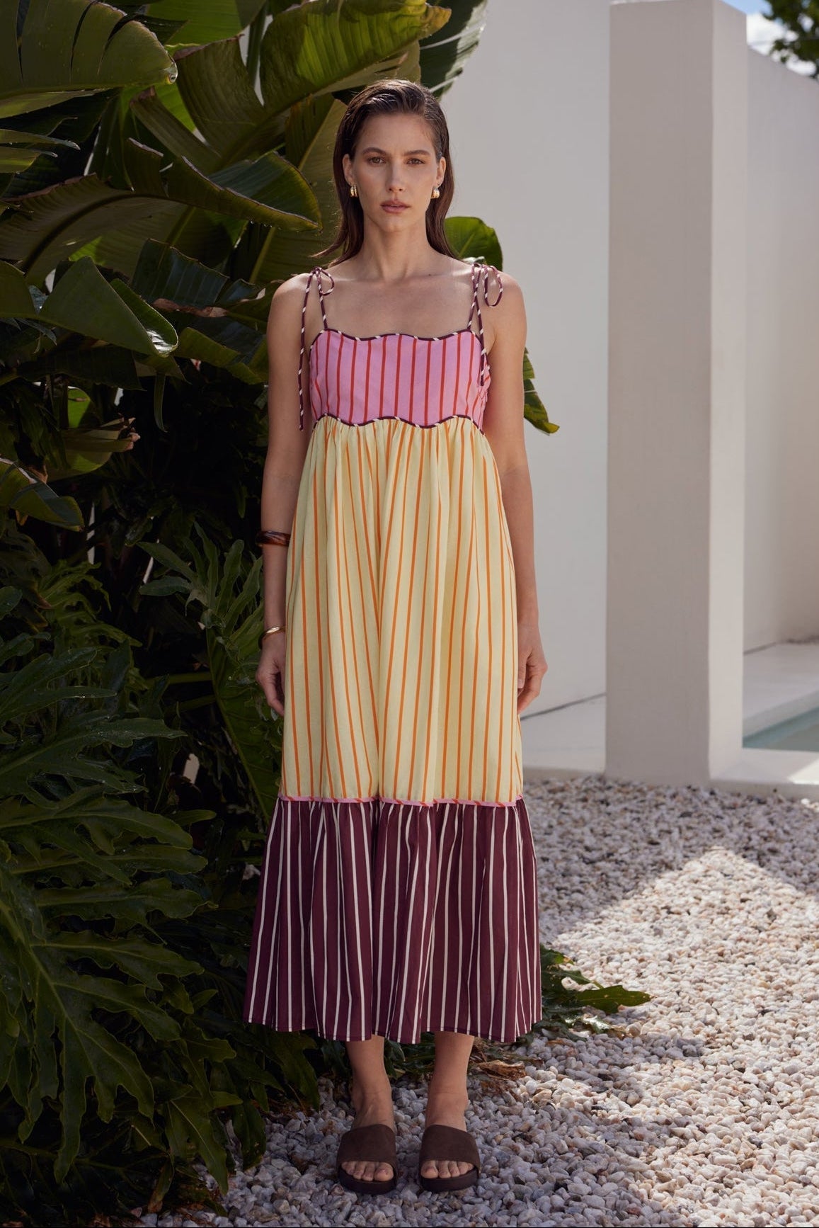 Colorblock Stripe Tie-Shoulder Midi Dress