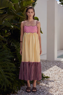 Colorblock Stripe Tie-Shoulder Midi Dress