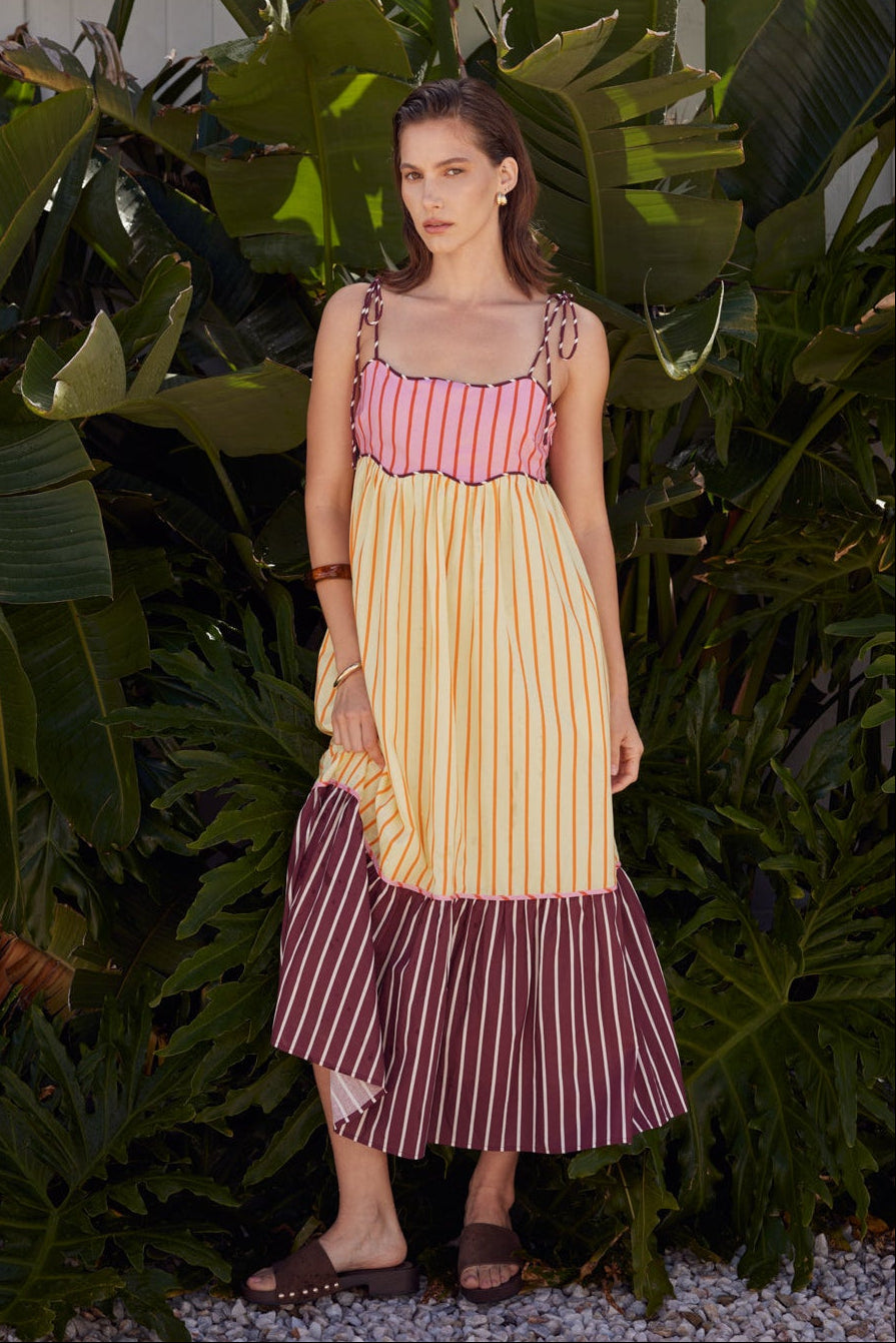 Colorblock Stripe Tie-Shoulder Midi Dress