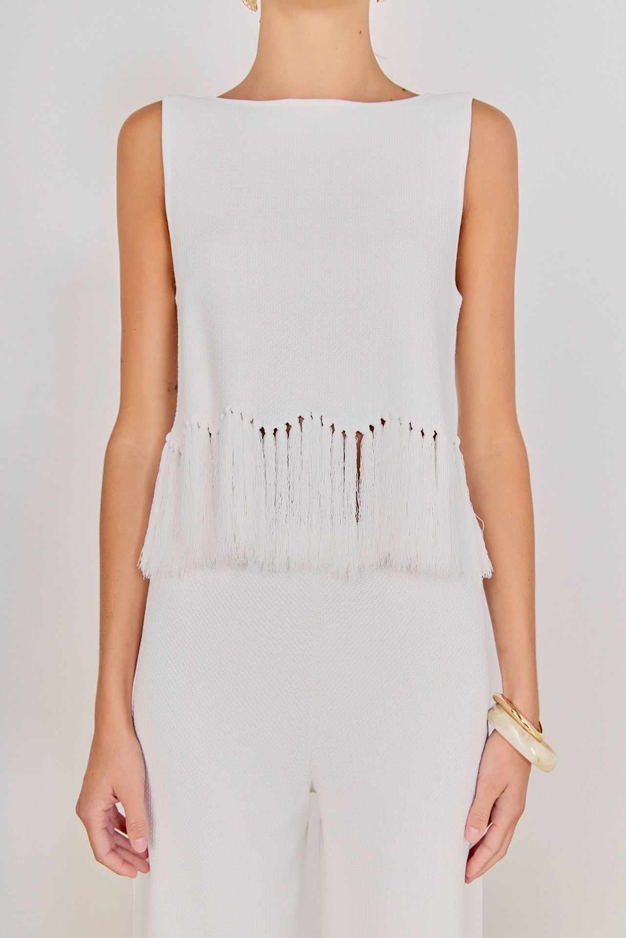 ENGLISH FACTORY - Fringe Detailed Sleeveless Knit Top - TOPS available at Objectrare
