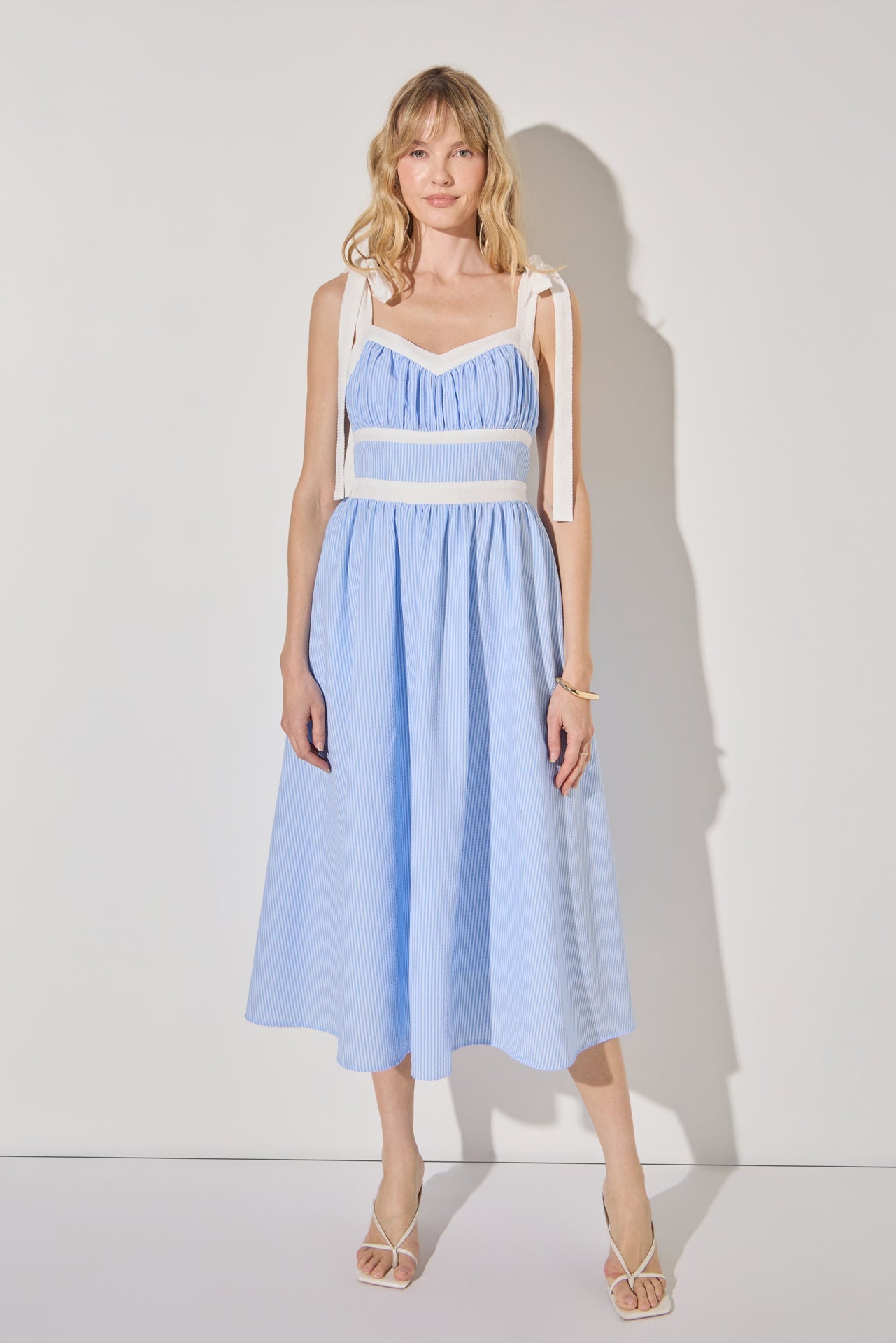 seersucker dress ladies Vilagallo Izzy Raya Blue Dan's Southern Prep easy to wear Breezy Button Front Seersucker Casual