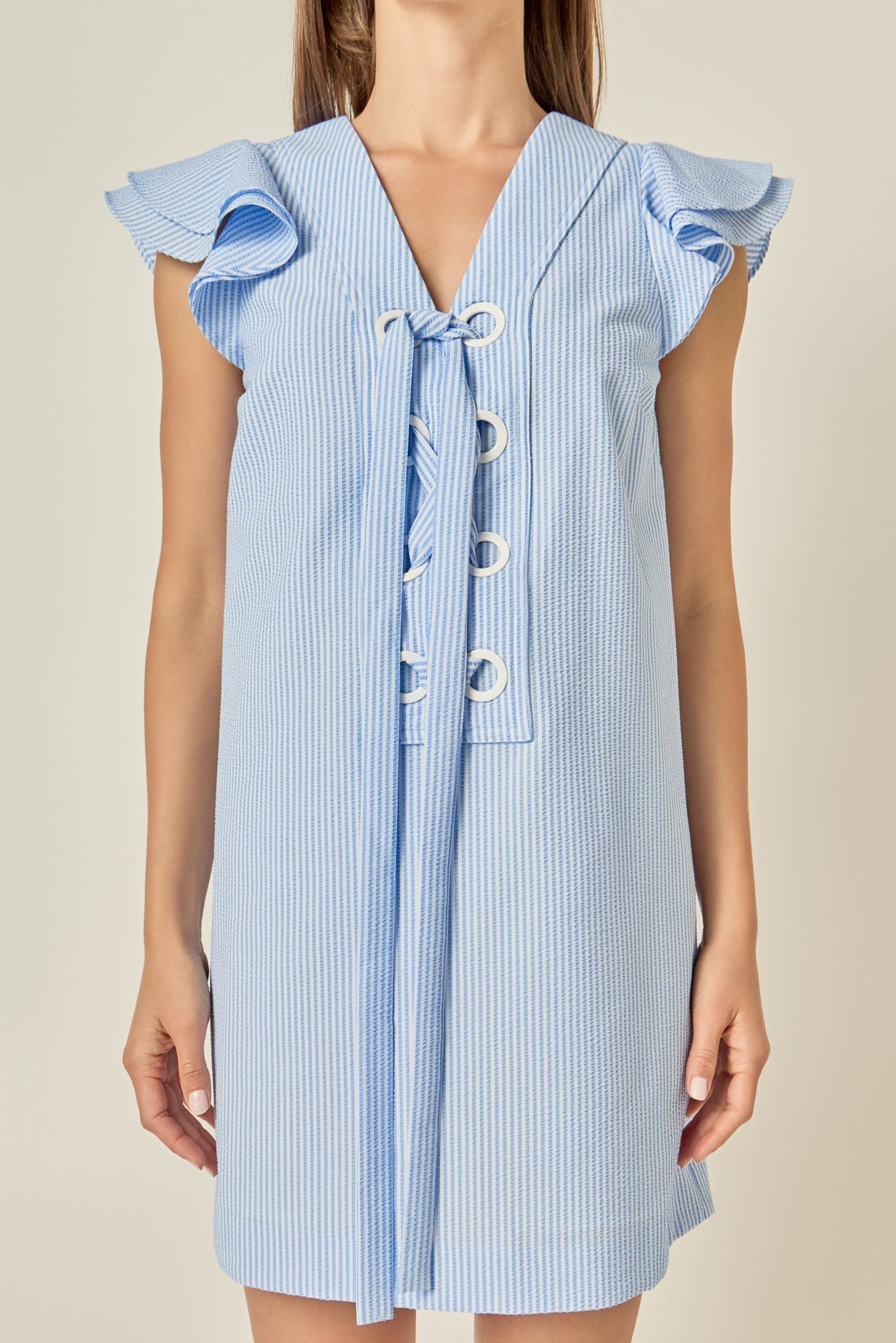 Lace-Up Seersucker Mini Dress