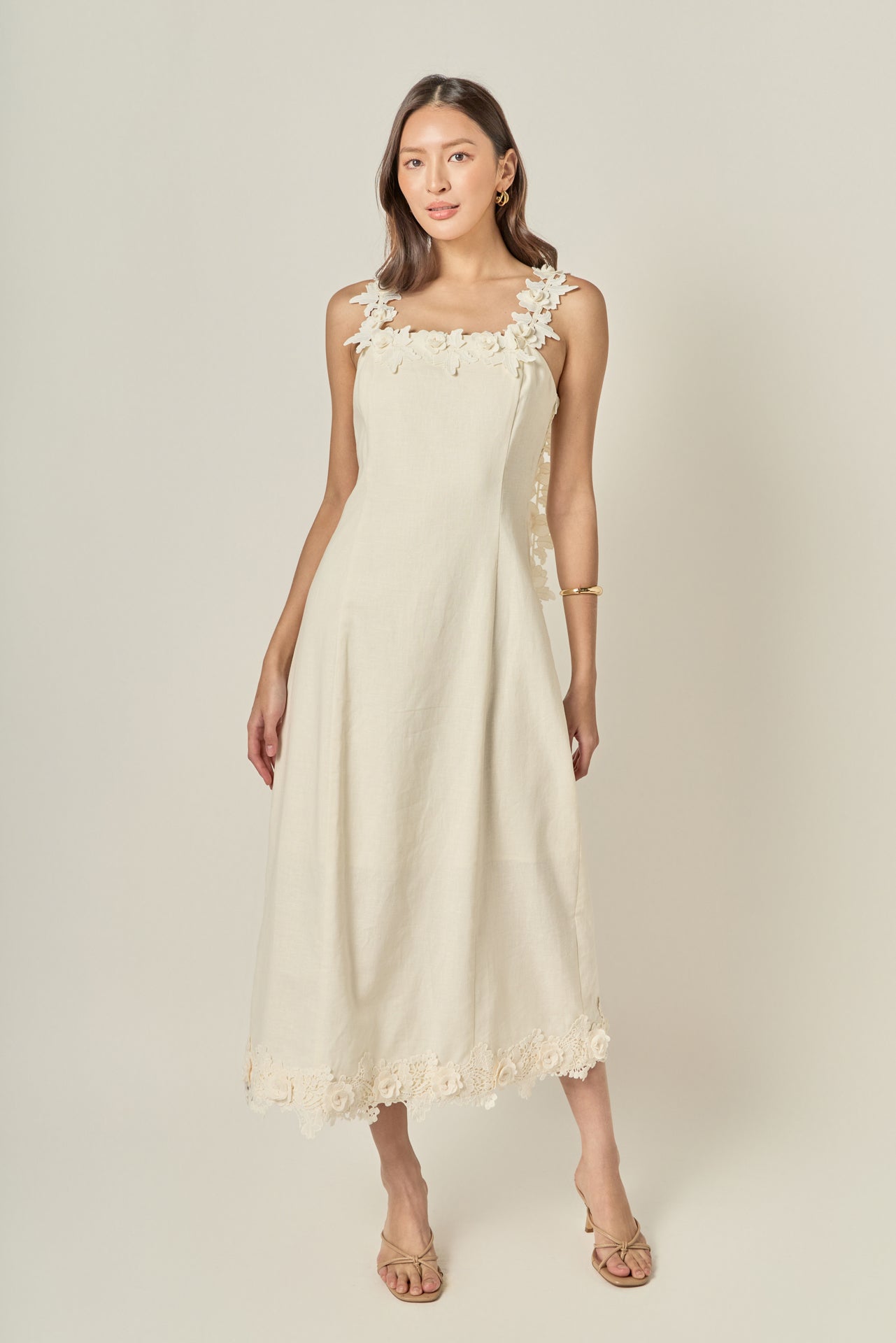 Floral Strap Linen Midi Dress