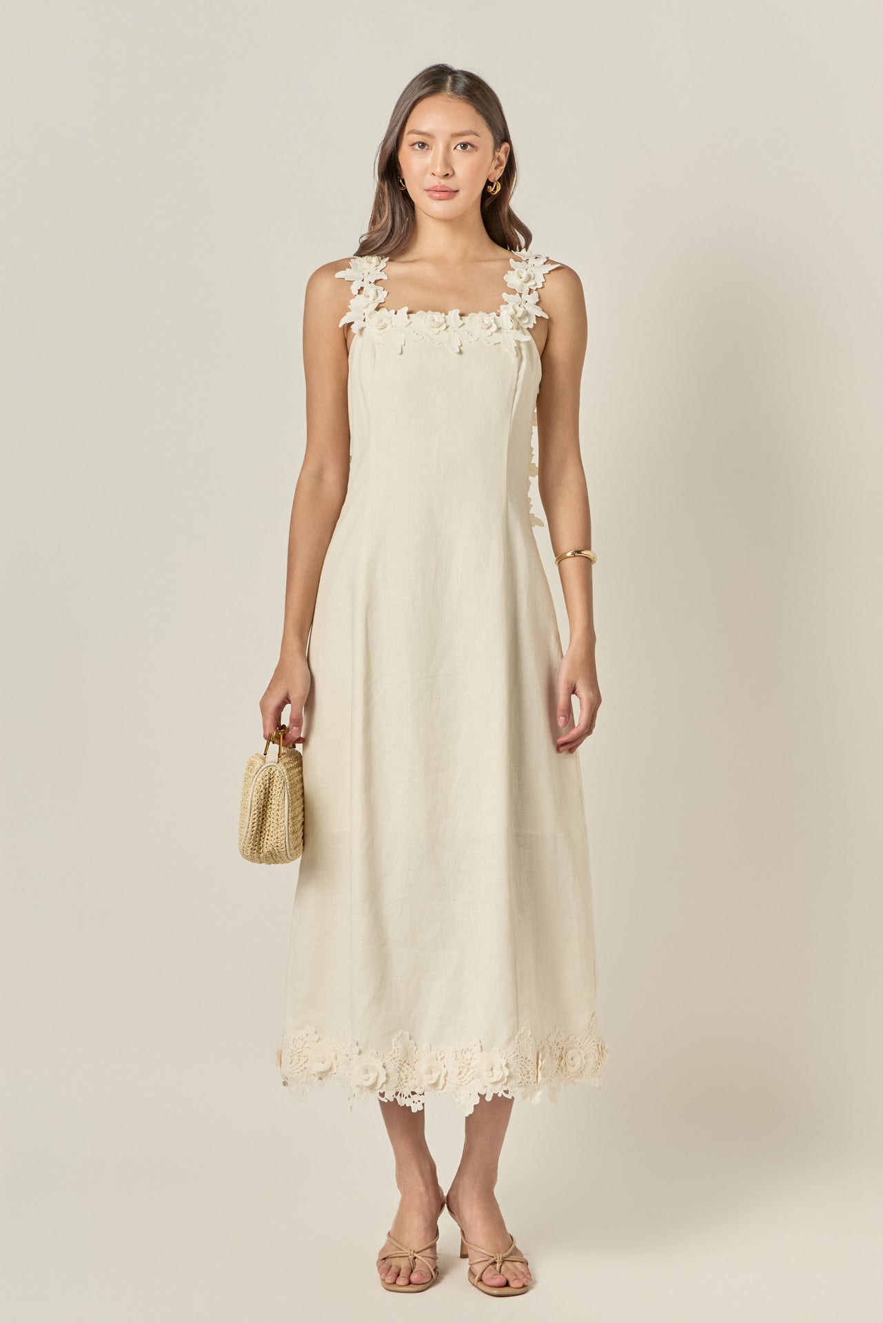 Floral Strap Linen Midi Dress