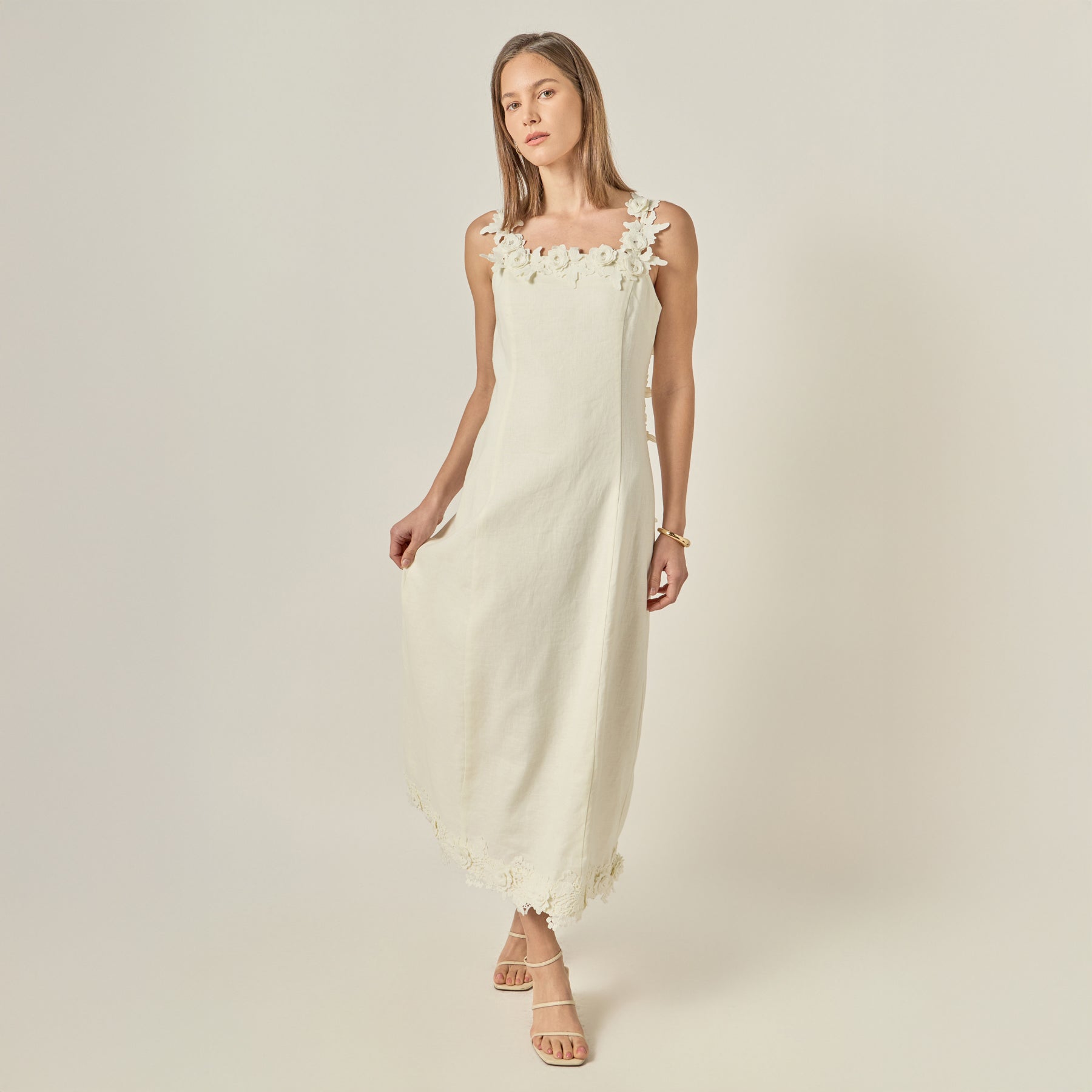 Floral Strap Linen Midi Dress