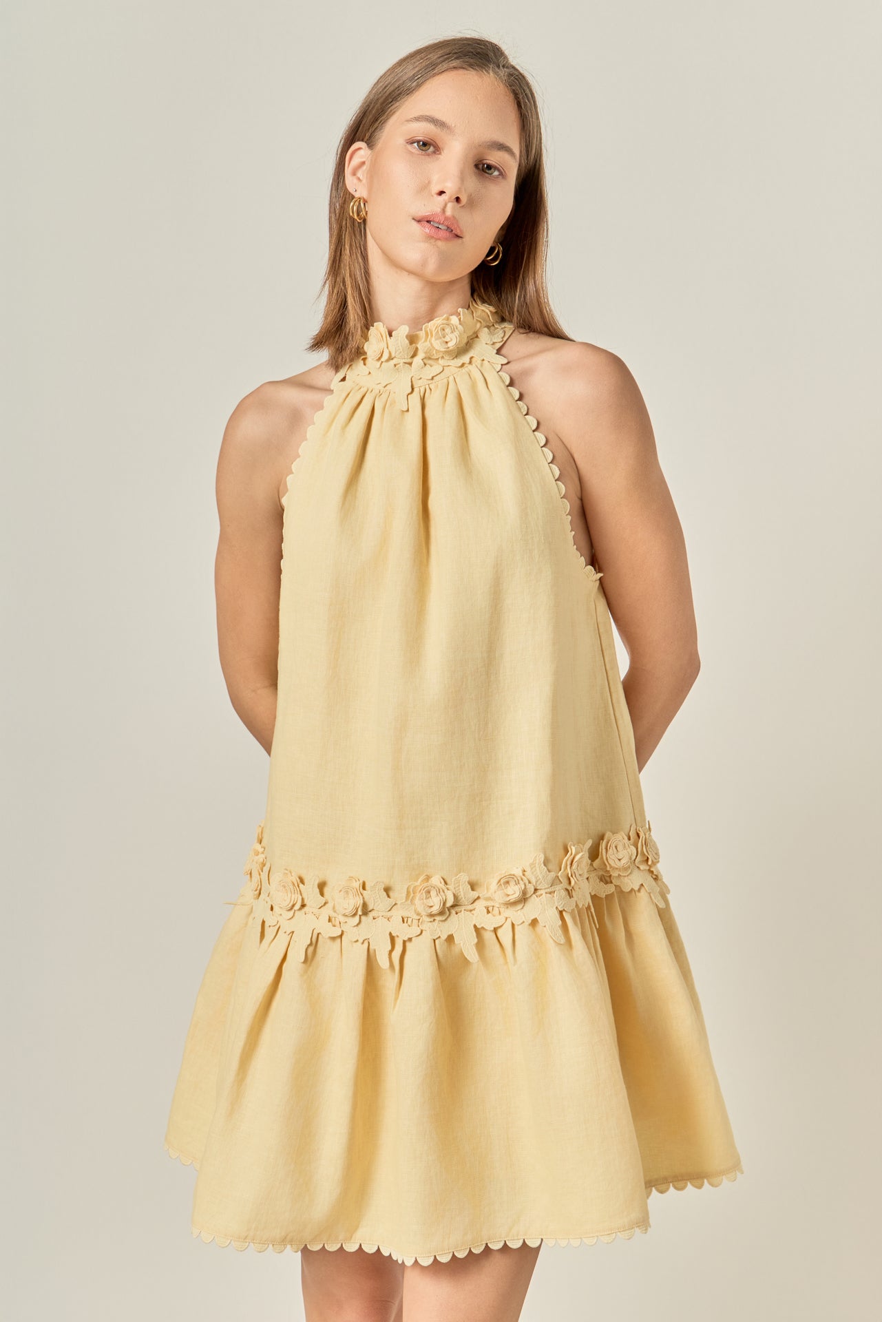 Scalloped Halter Linen Mini Dress