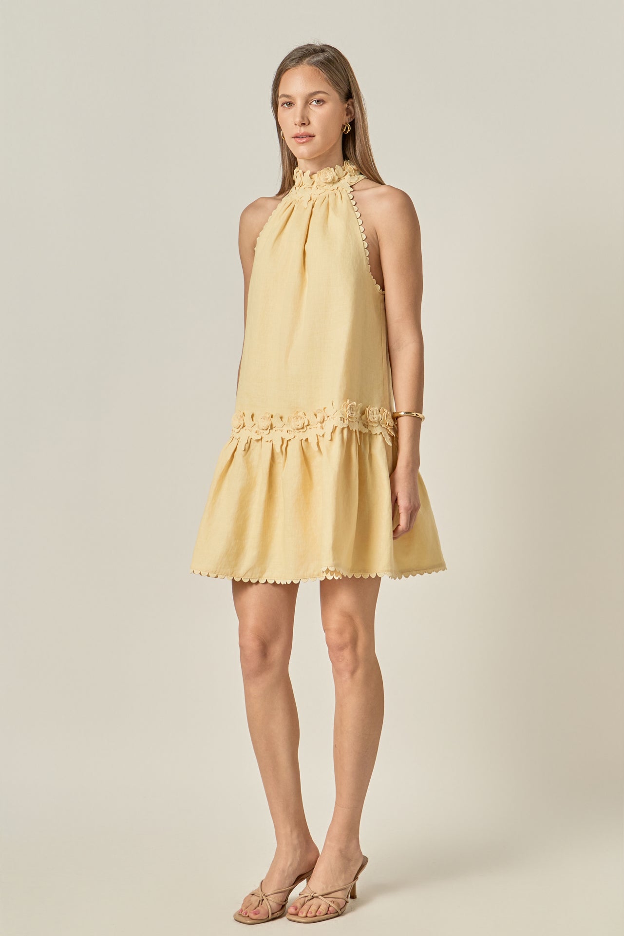 Scalloped Halter Linen Mini Dress