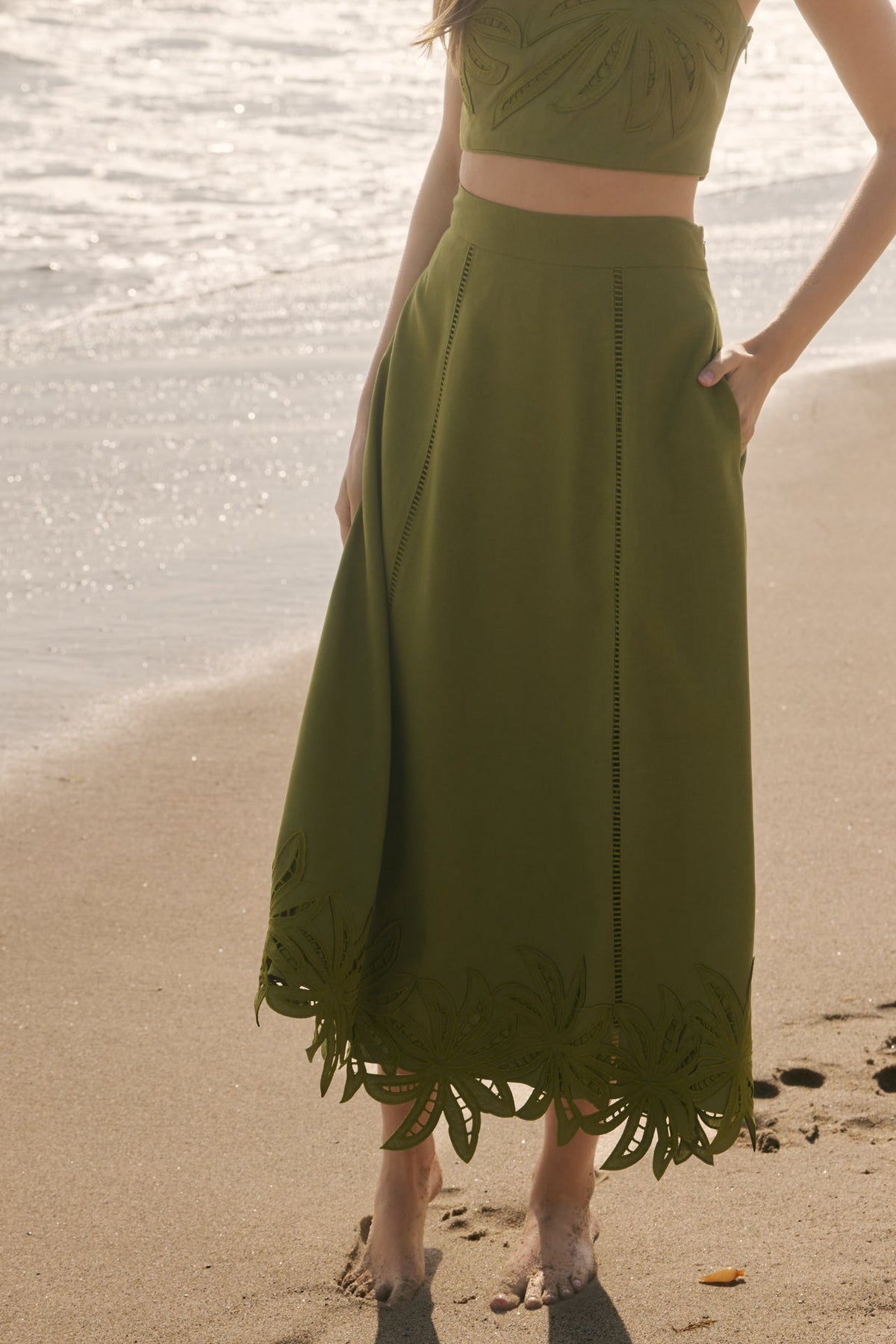 Tropical Palm Linen Midi Skirt
