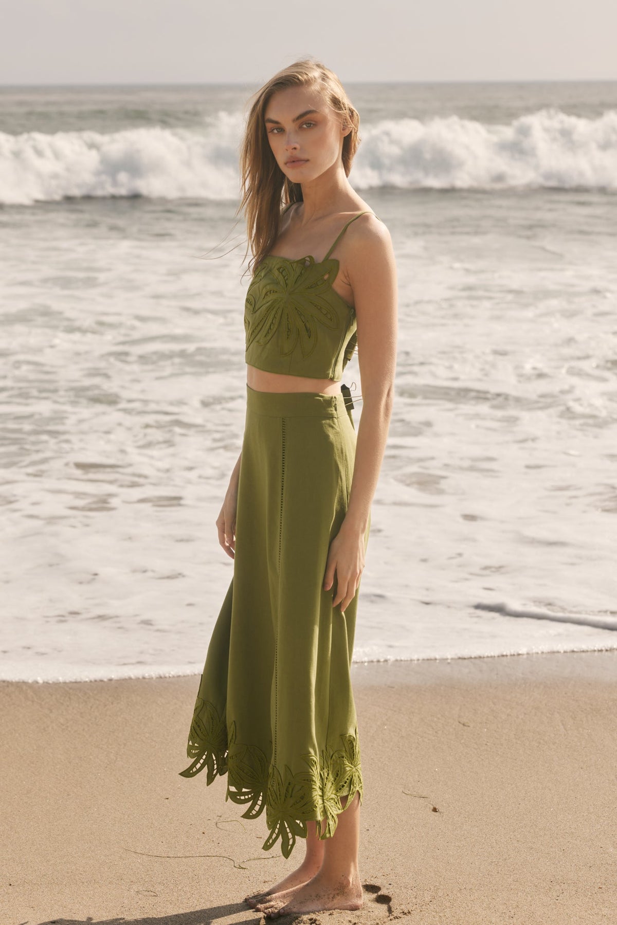 Tropical Palm Linen Midi Skirt