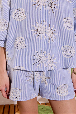 ENGLISH FACTORY - Striped Embroidery Detail Shorts - SHORTS available at Objectrare
