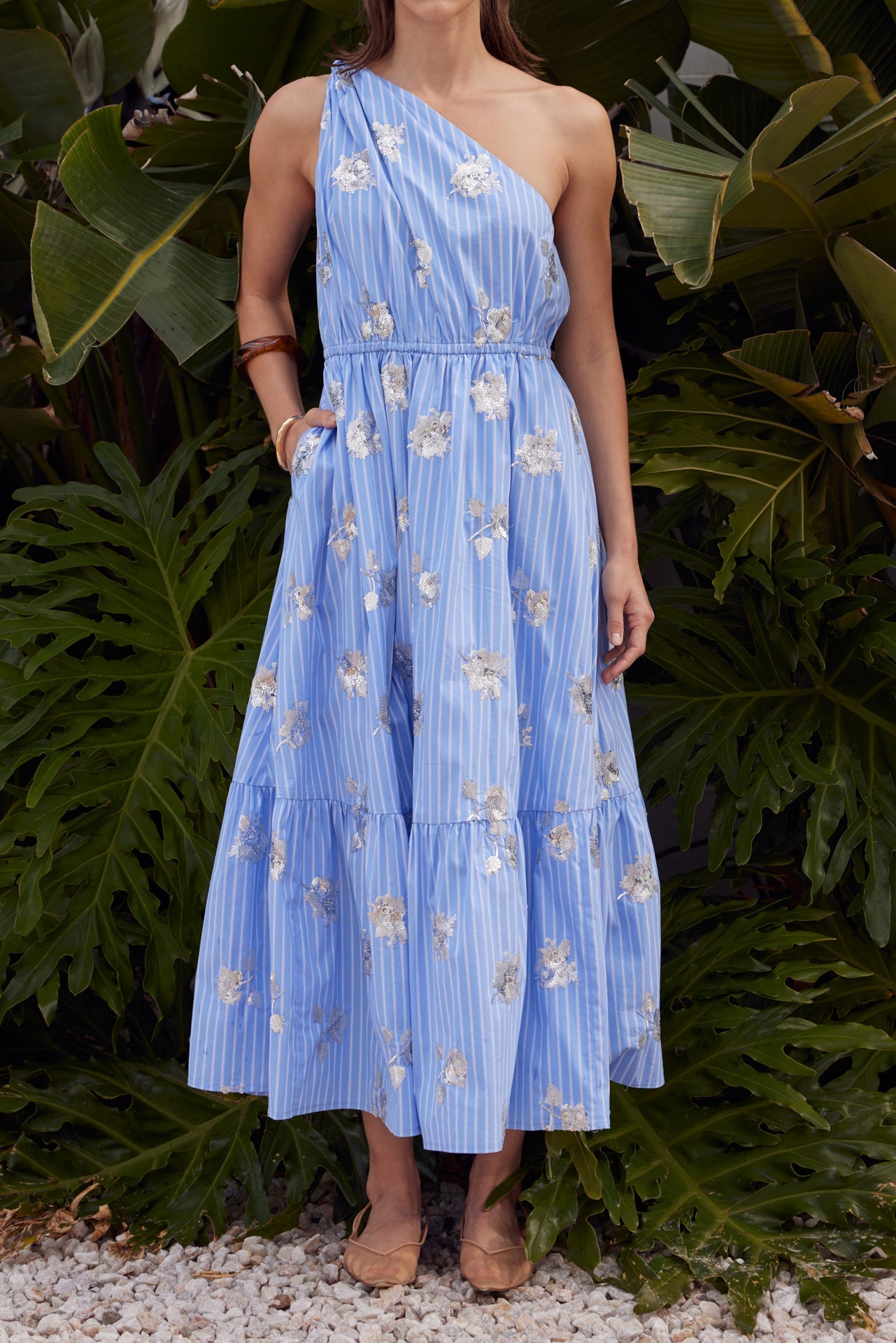 One-Shoulder Sequin Stripe Midi Dress