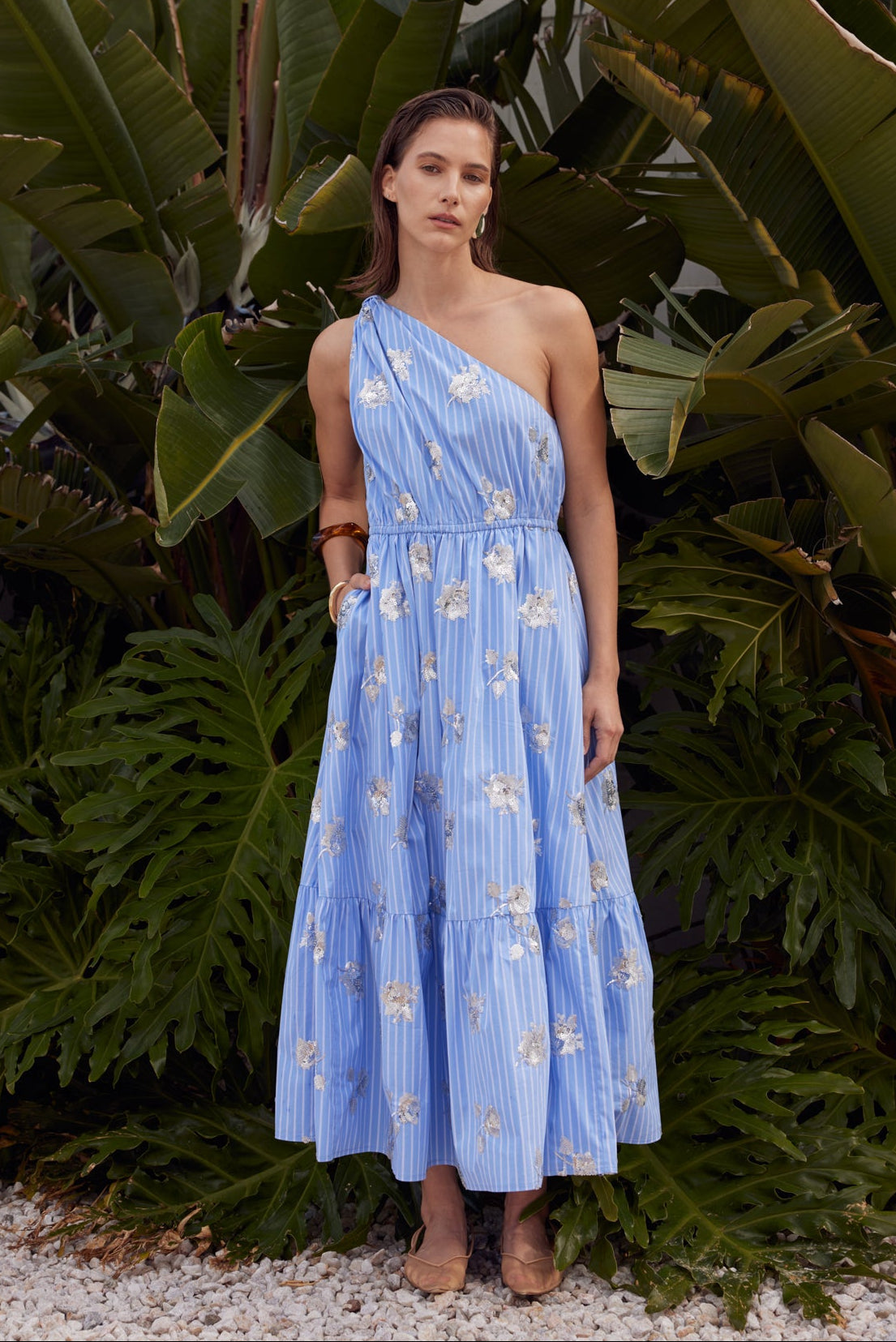One-Shoulder Sequin Stripe Midi Dress