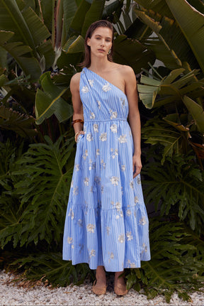 One-Shoulder Sequin Stripe Midi Dress