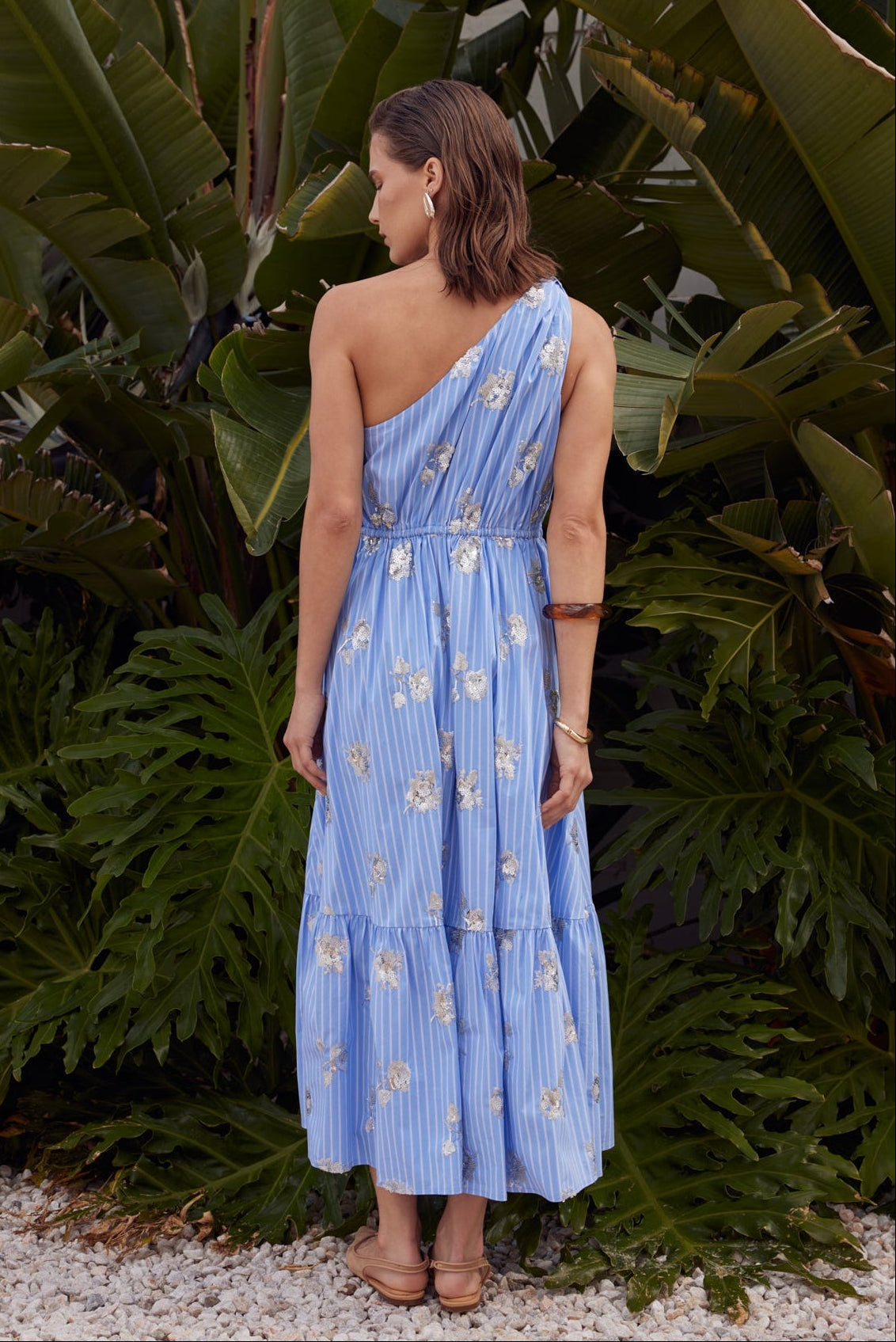 One-Shoulder Sequin Stripe Midi Dress