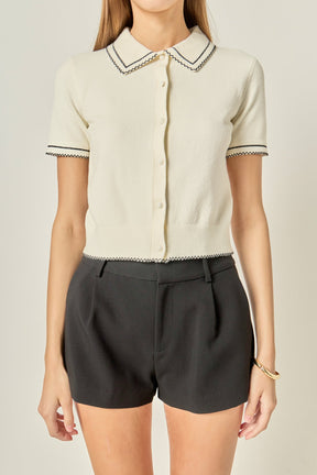 ENGLISH FACTORY - Collared Short Sleeve Knit Cardigan - SWEATERS & KNITS available at Objectrare