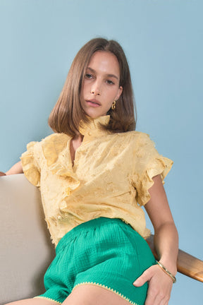 ENGLISH FACTORY - Embroidered Ruffle Short Sleeve Shirt - SHIRTS & BLOUSES available at Objectrare