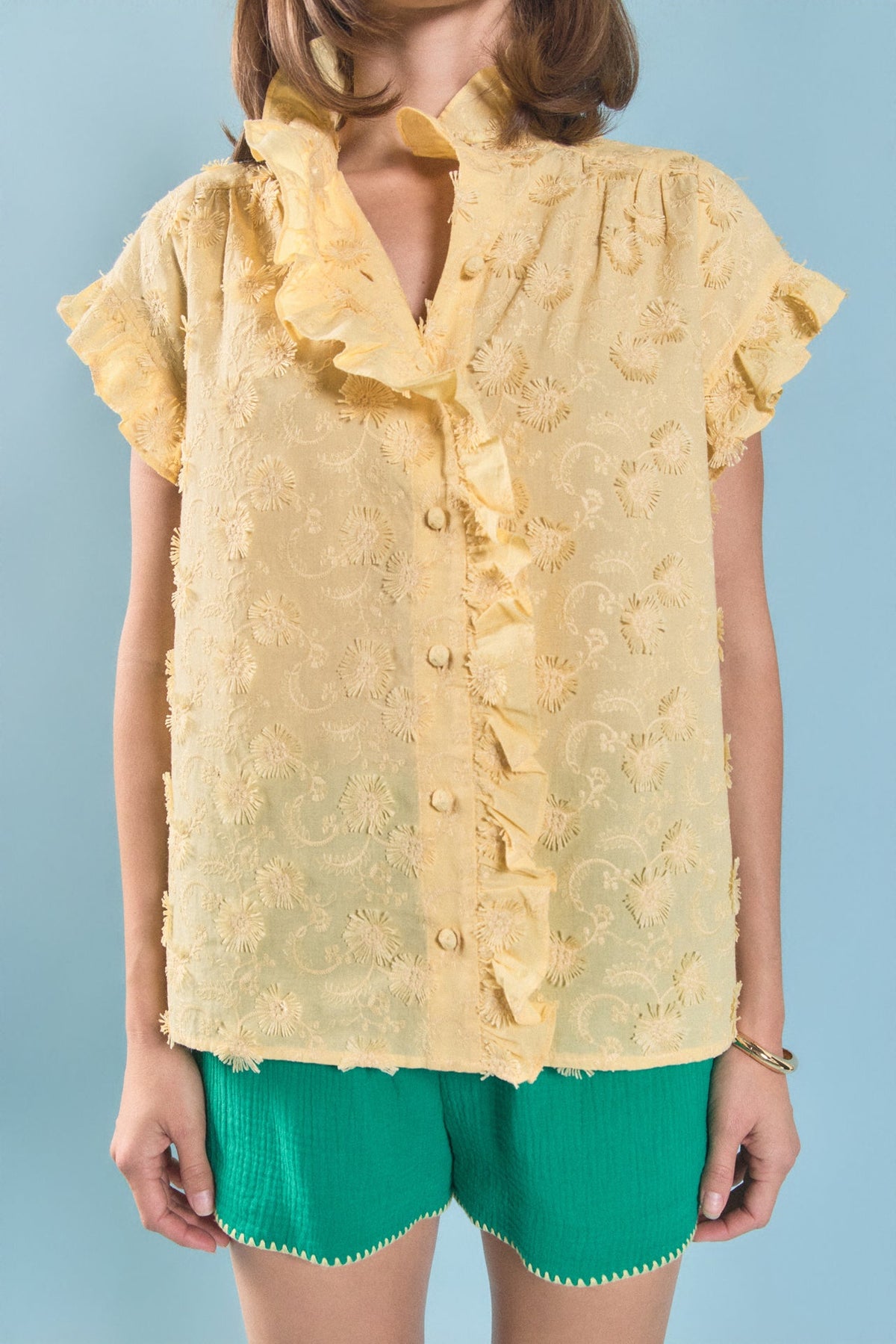 ENGLISH FACTORY - Embroidered Ruffle Short Sleeve Shirt - SHIRTS & BLOUSES available at Objectrare