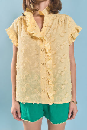 ENGLISH FACTORY - Embroidered Ruffle Short Sleeve Shirt - SHIRTS & BLOUSES available at Objectrare