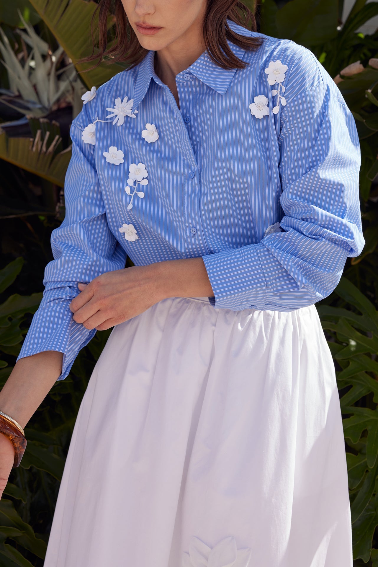 Floral Trim Striped Button-Up Shirt