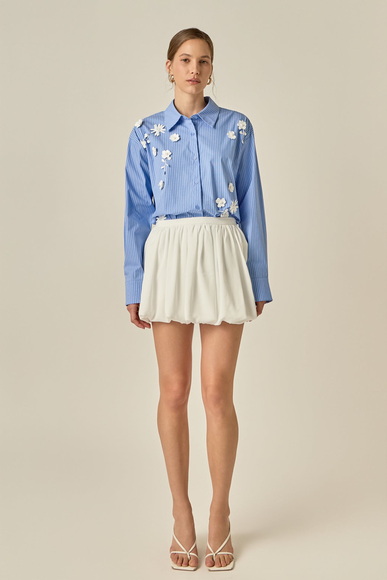 Floral Trim Striped Button-Up Shirt