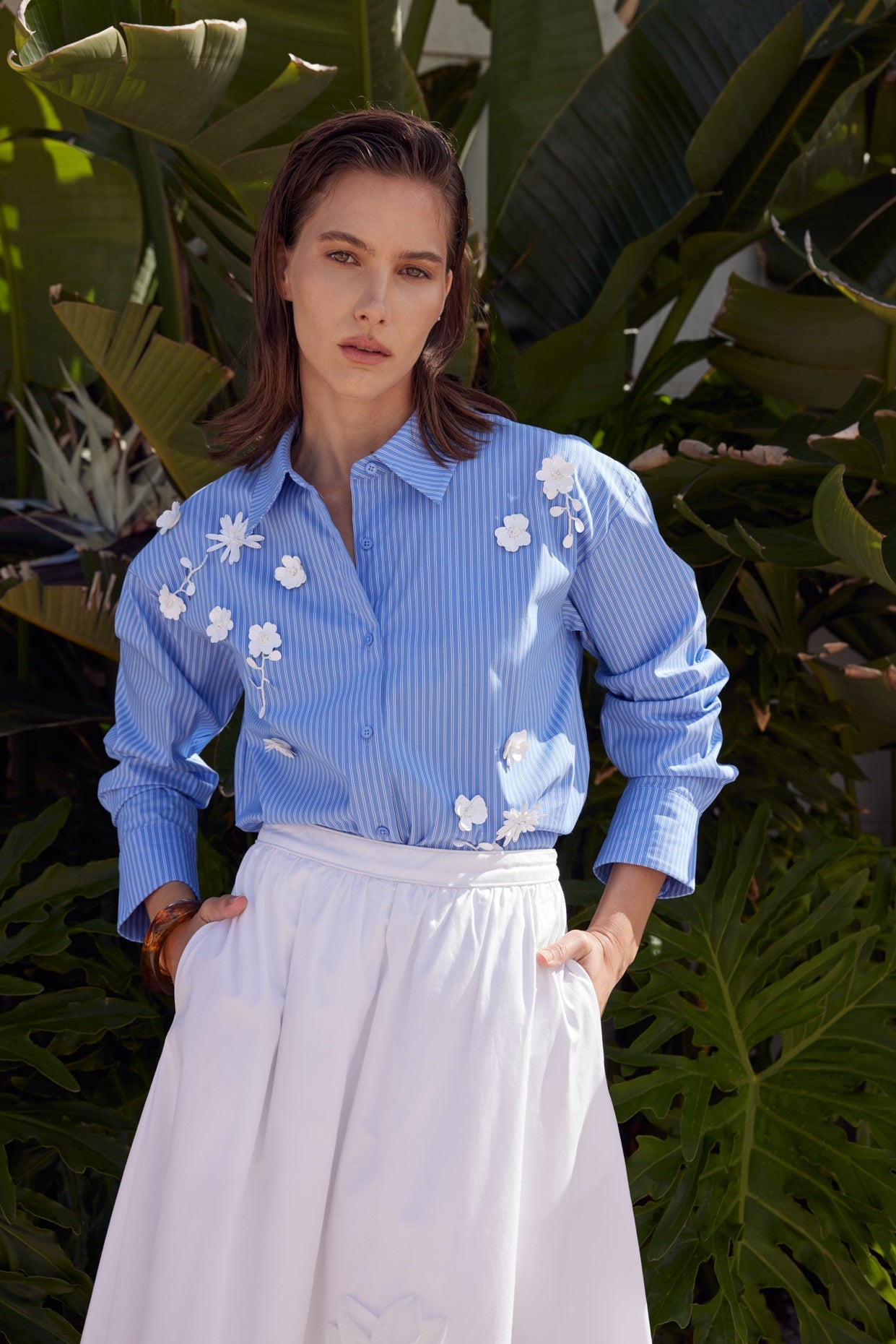 Floral Trim Striped Button-Up Shirt